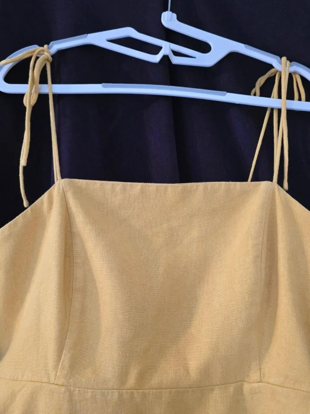 L Navy Mustard Yellow Linen Mini Dress Square Neckline, Thin straps, Fit & Flare